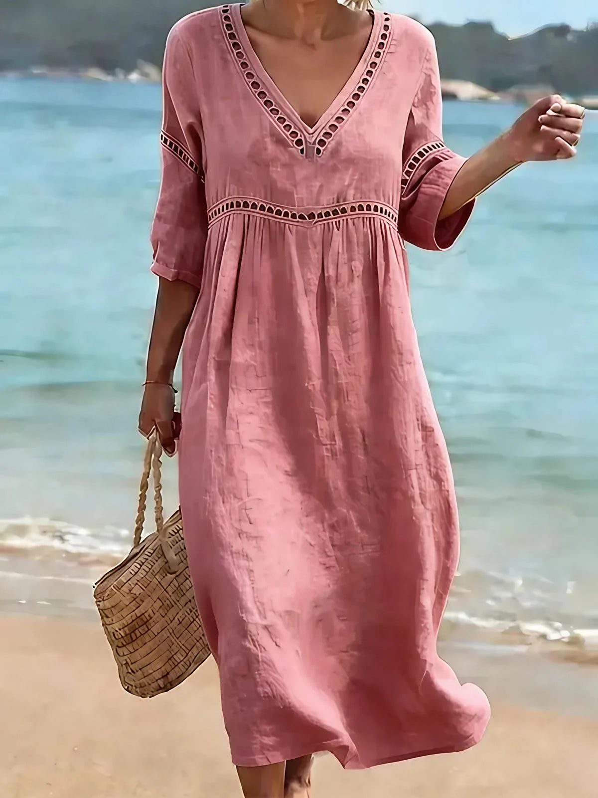 Robe en coton femme col V, mi-longue, manches courtes et poches, rose