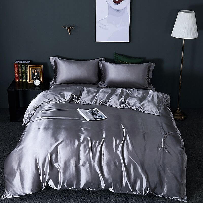 Parure de lit en satin 4 pièces, treize coloris, argent foncé