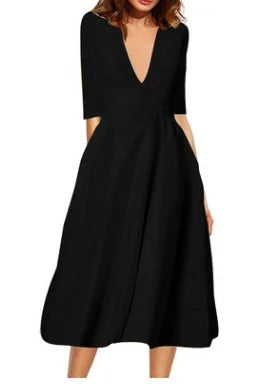 Robe midi trapèze femme, col V profond, manches 3/4, noir