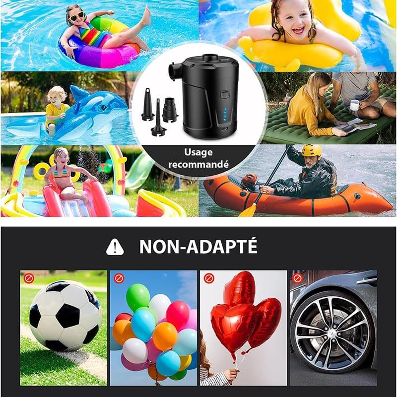 Gonfleur électrique sans fil rechargeable USB, trois embouts