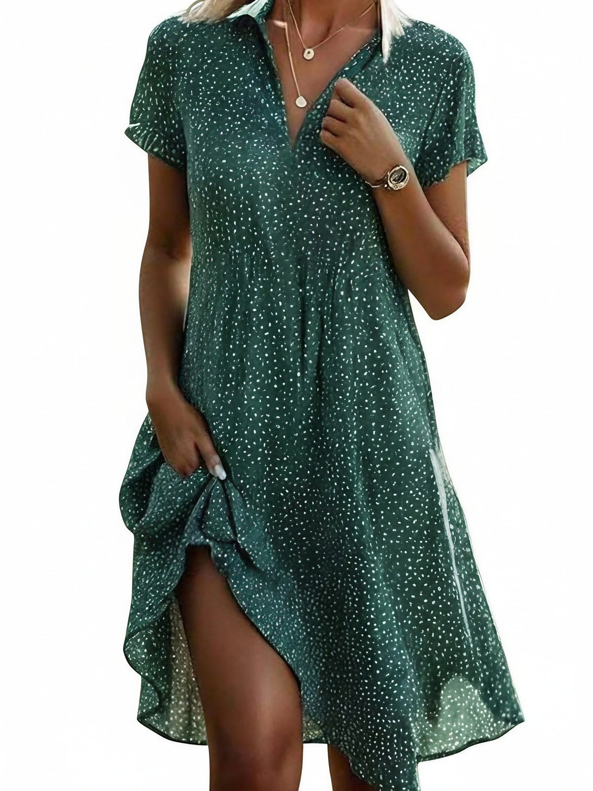Robe chemise midi à pois femme, col V, manches courtes
