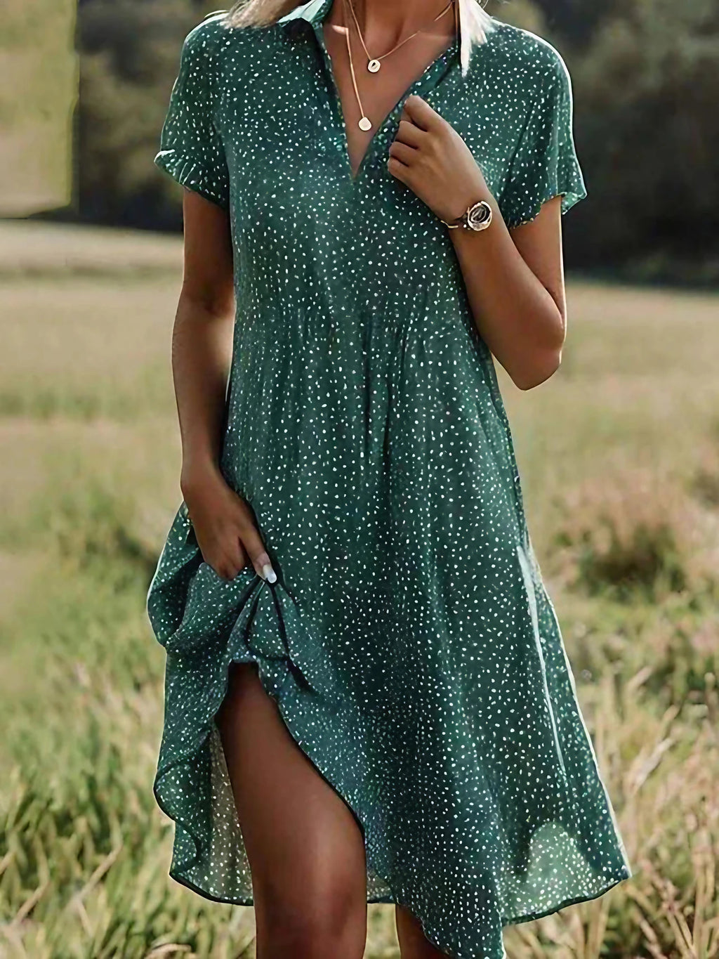 Robe chemise midi à pois femme, col V, manches courtes, vert