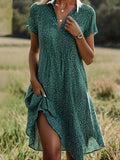 Robe chemise midi à pois femme, col V, manches courtes, vert