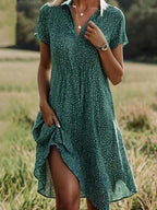 Robe chemise midi à pois femme, col V, manches courtes, vert