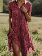 Robe chemise midi à pois femme, col V, manches courtes, rouge