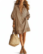 Robe chemise femme léopard et rayures, manches 3/4 bouffantes