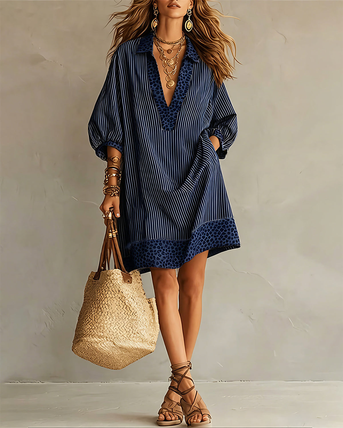 Robe chemise femme léopard et rayures, manches 3/4 bouffantes, bleu marine