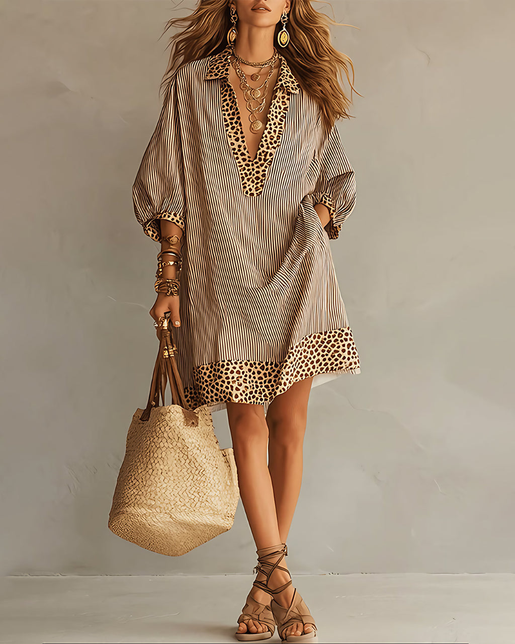 Robe chemise femme léopard et rayures, manches 3/4 bouffantes, marron