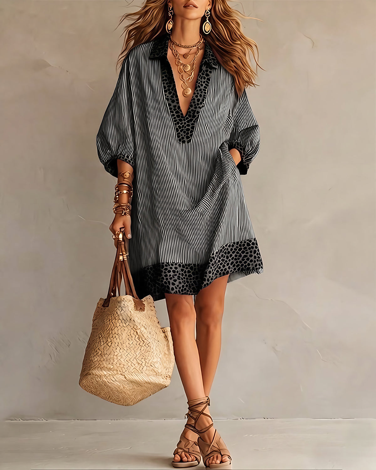 Robe chemise femme léopard et rayures, manches 3/4 bouffantes, noir