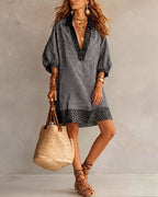 Robe chemise femme léopard et rayures, manches 3/4 bouffantes