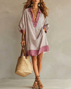 Robe chemise femme léopard et rayures, manches 3/4 bouffantes, rose