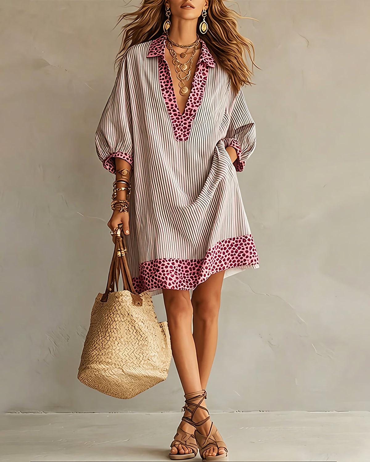 Robe chemise femme léopard et rayures, manches 3/4 bouffantes, rose