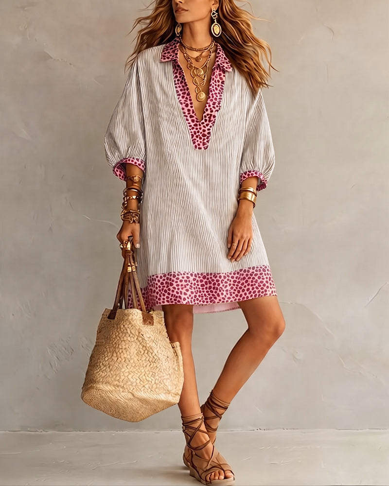 Robe chemise femme léopard et rayures, manches 3/4 bouffantes