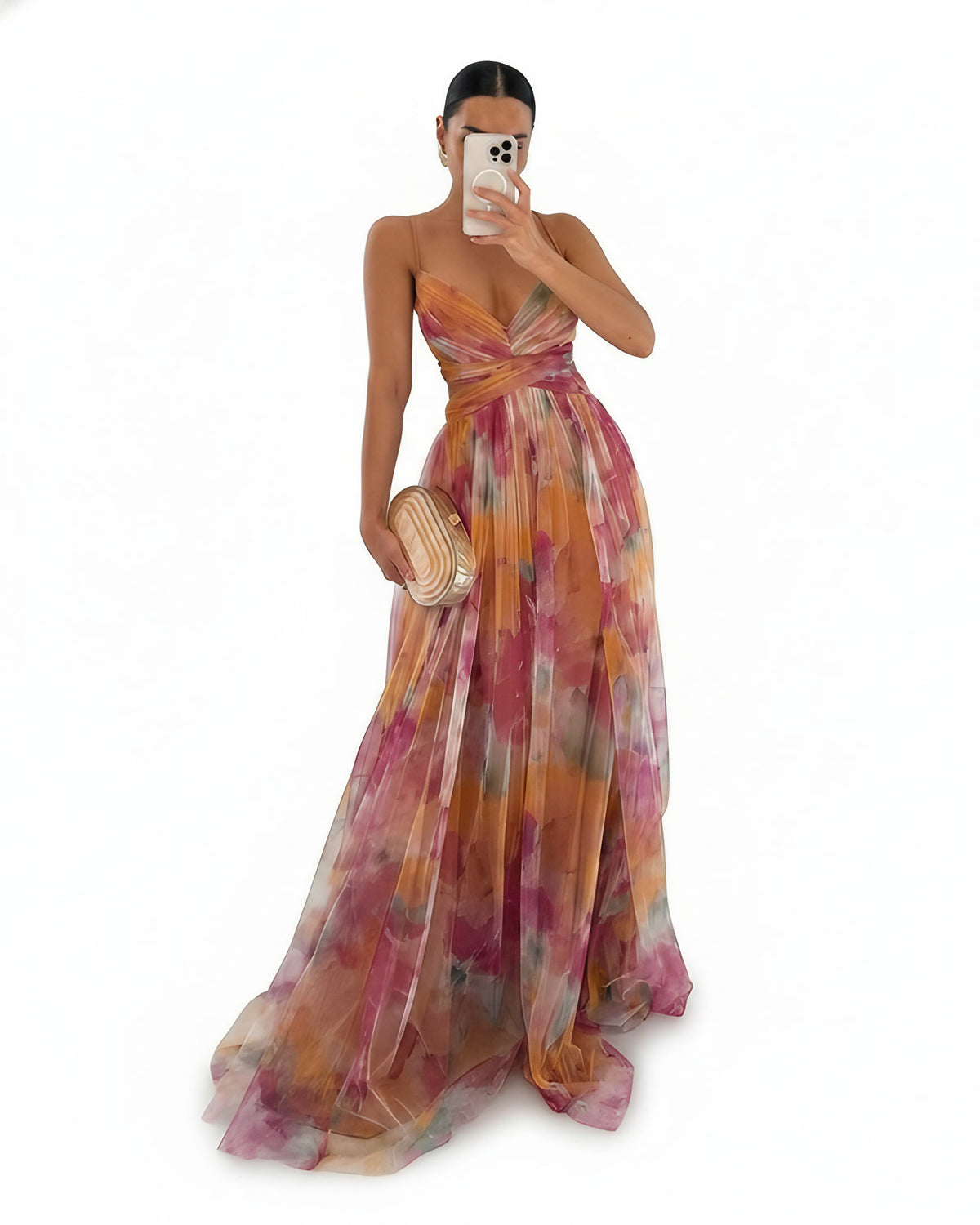 Robe de soirée longue fleurie à bretelles, col V croisé