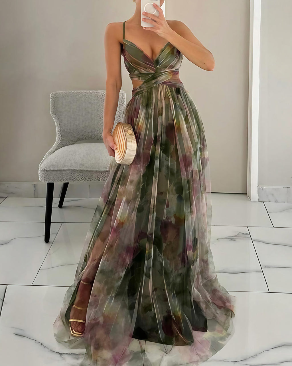 Robe de soirée longue fleurie à bretelles, col V croisé, vert