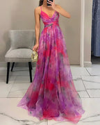 Robe de soirée longue fleurie à bretelles, col V croisé, rose