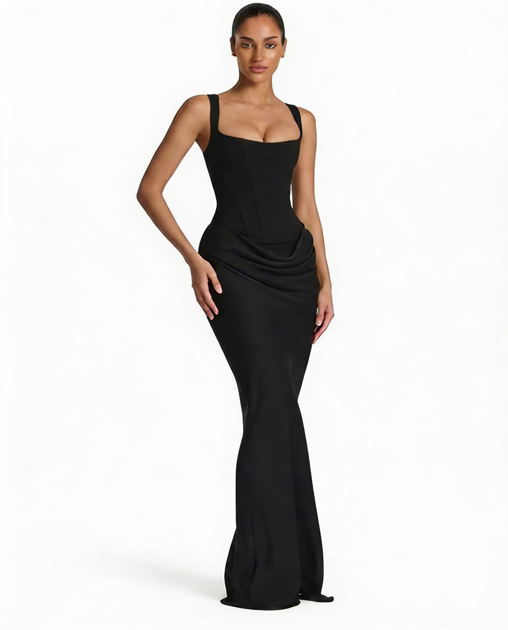 Robe longue moulante à bustier, col carré et drapé sur les hanches