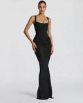 Robe longue moulante à bustier, col carré et drapé sur les hanches, noir
