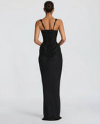 Robe longue moulante à bustier, col carré et drapé sur les hanches