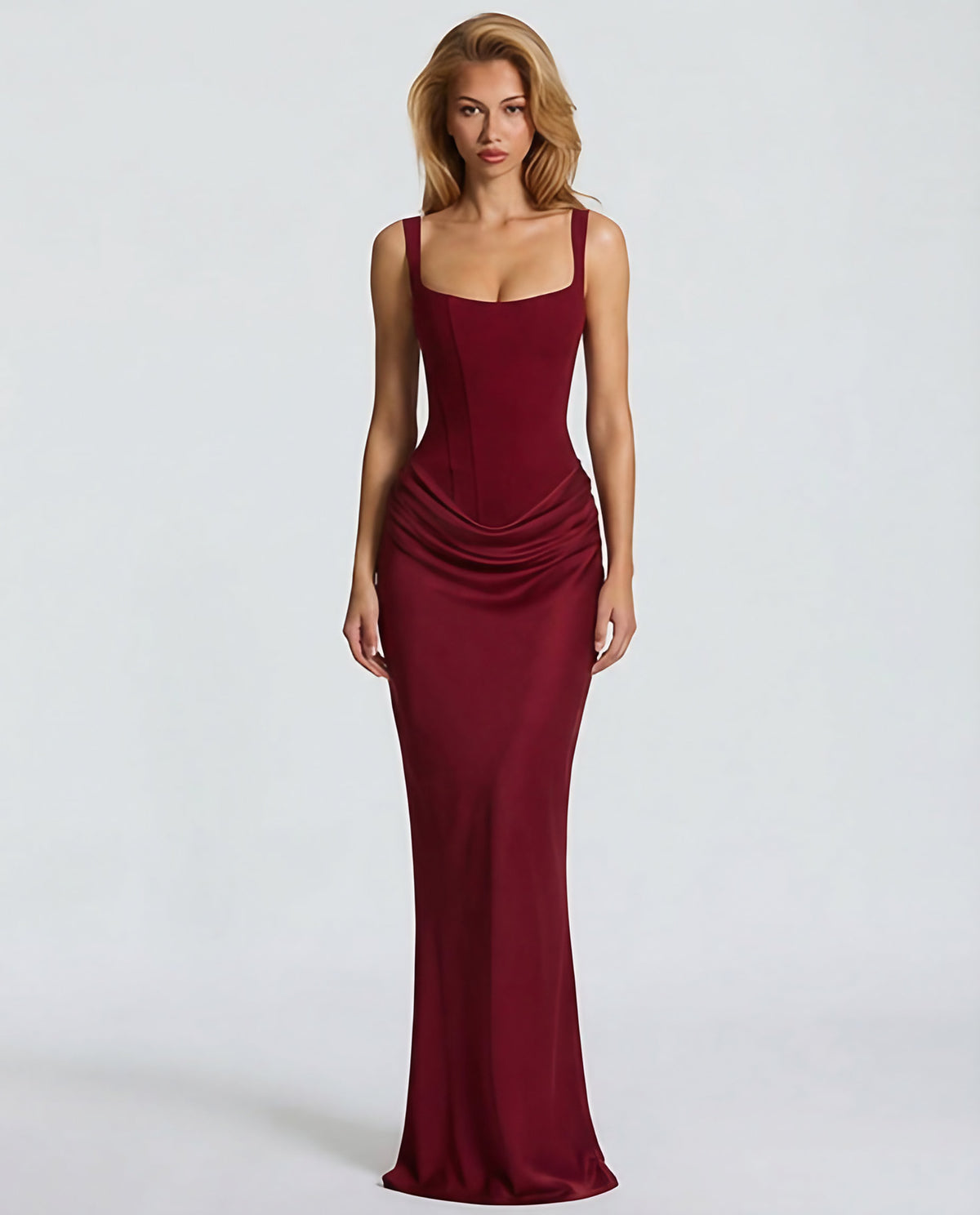 Robe longue moulante à bustier, col carré et drapé sur les hanches, rouge