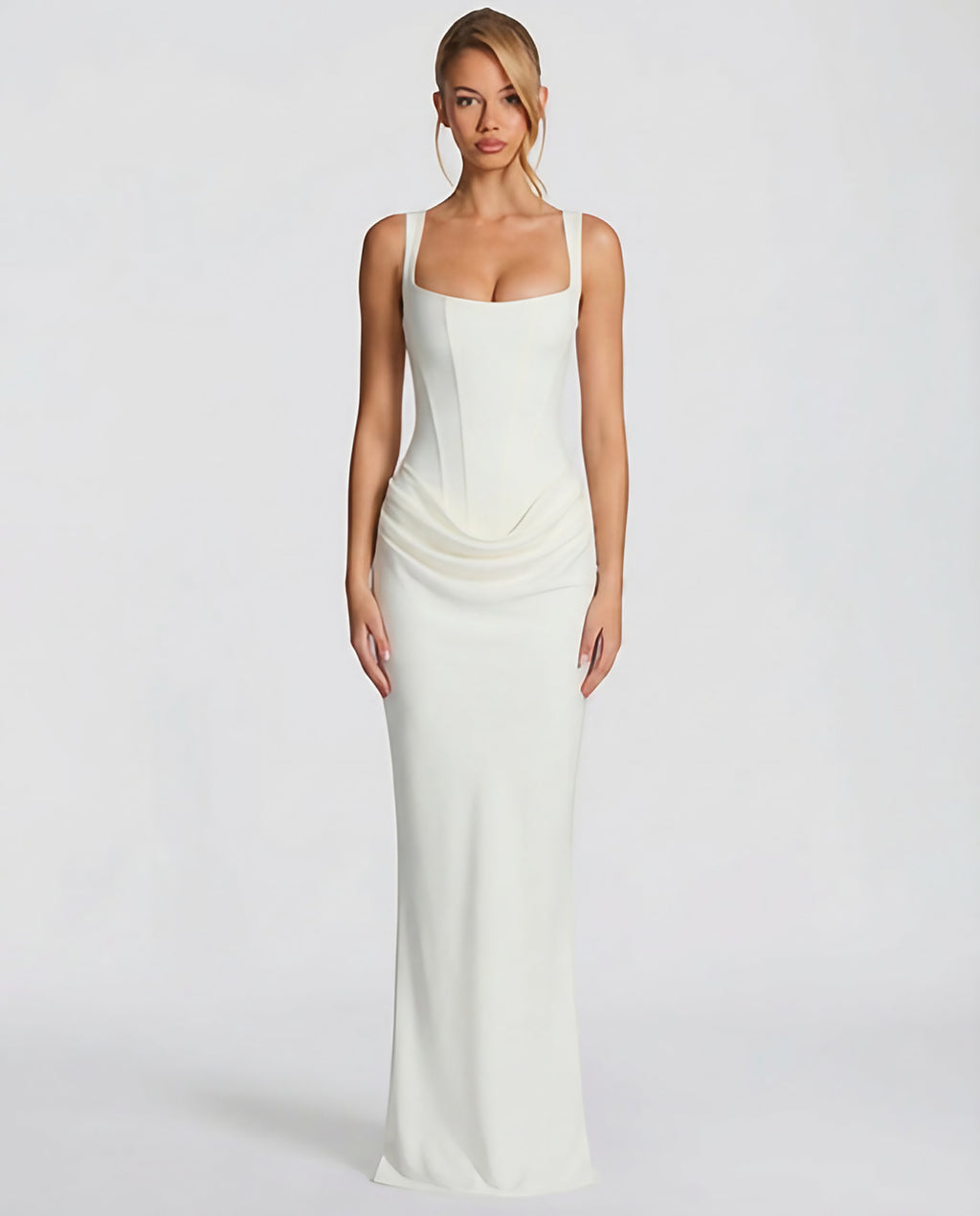 Robe longue moulante à bustier, col carré et drapé sur les hanches, blanc