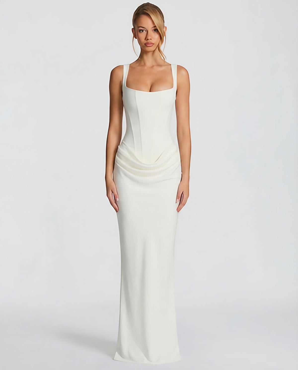 Robe longue moulante à bustier, col carré et drapé sur les hanches, blanc