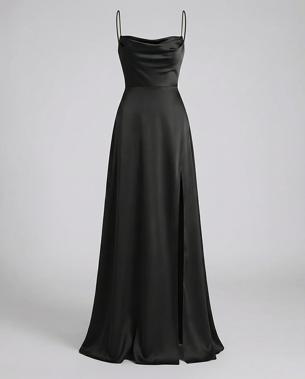 Robe de soirée longue à col drapé, dos lacé et fente latérale, noir