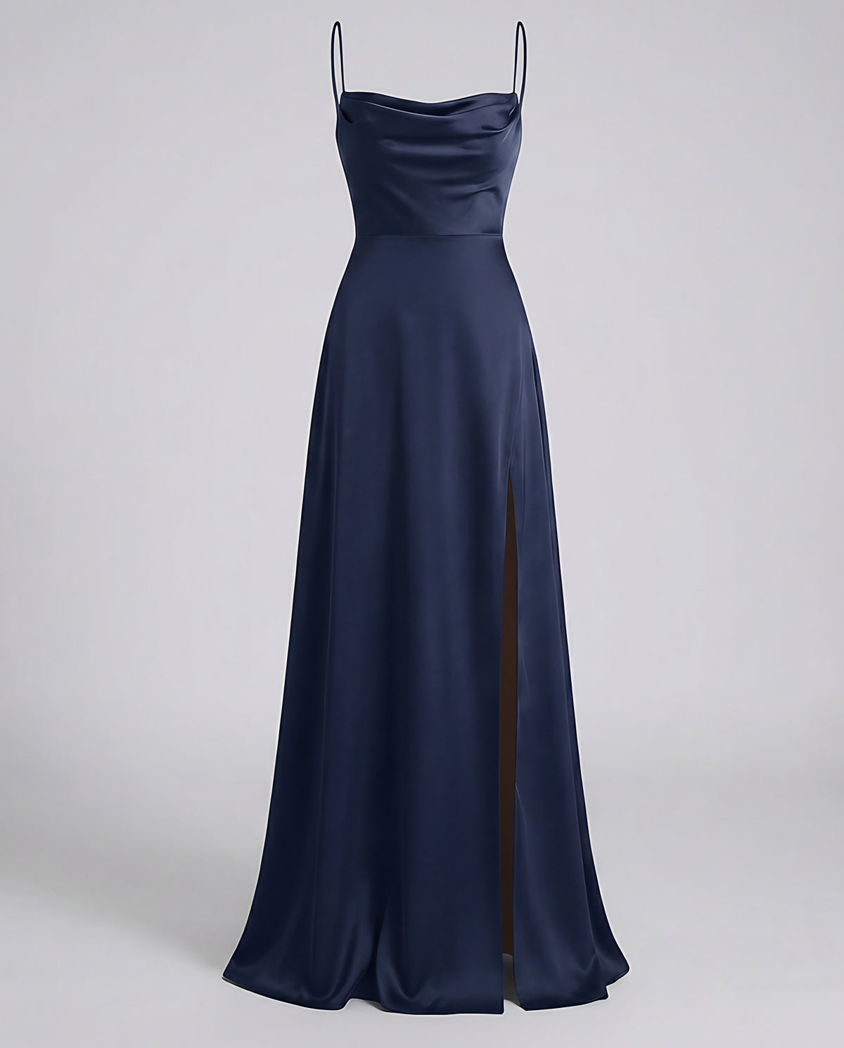 Robe de soirée longue à col drapé, dos lacé et fente latérale, bleu marine
