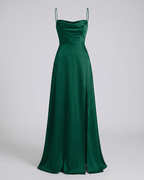 Robe de soirée longue à col drapé, dos lacé et fente latérale, vert