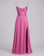 Robe de soirée longue à col drapé, dos lacé et fente latérale, rose