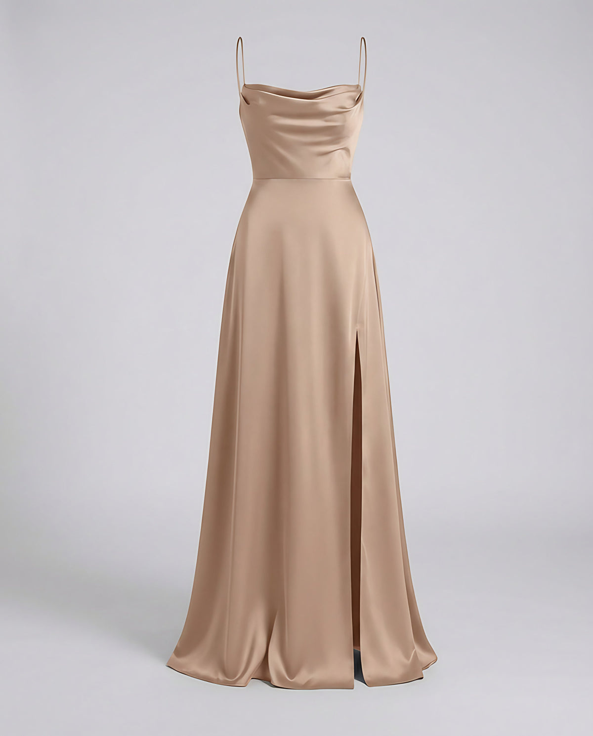 Robe de soirée longue à col drapé, dos lacé et fente latérale, beige