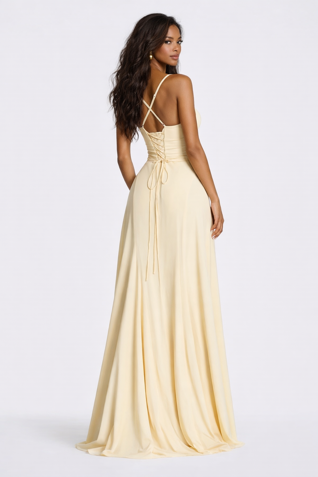 Robe longue femme évasée, dos lacé façon corset, bretelles fines