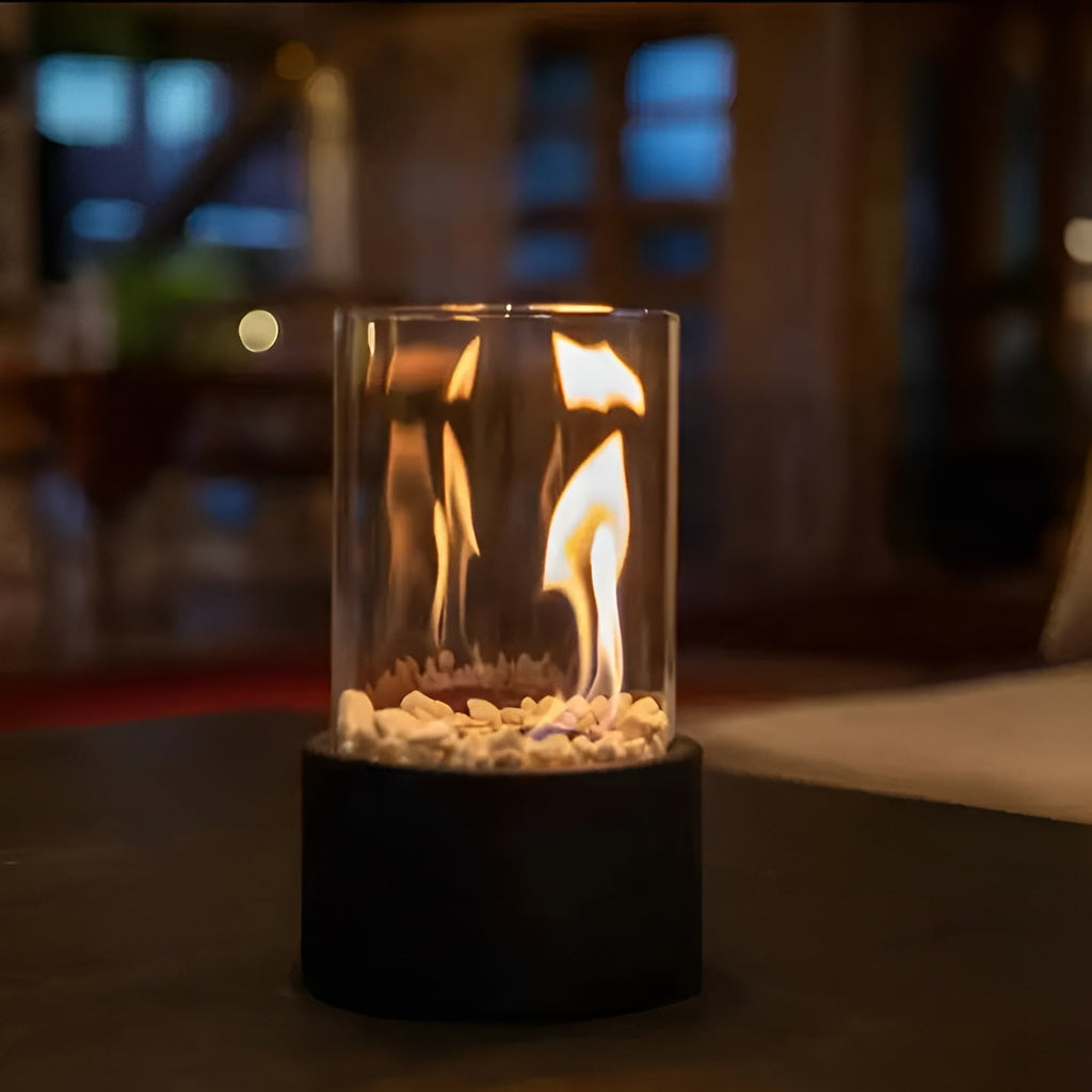 Cheminée de table au bioéthanol, verre et métal noir, 27 cm