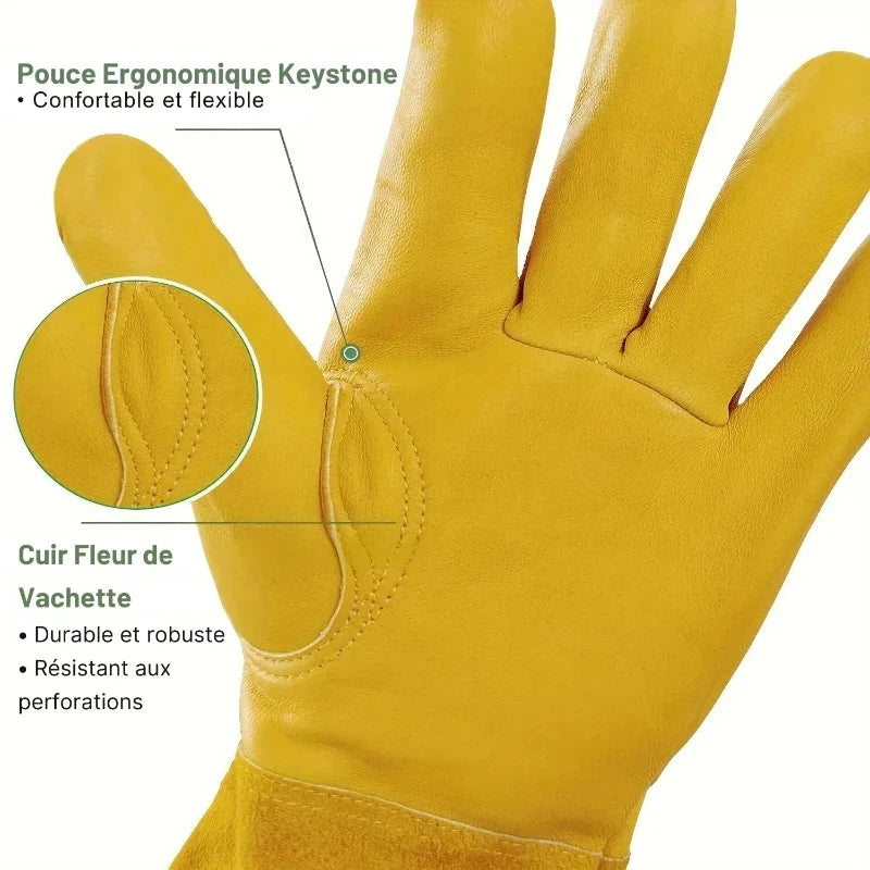 Gants de jardinage longs anti-épines en cuir de vachette, M ou L
