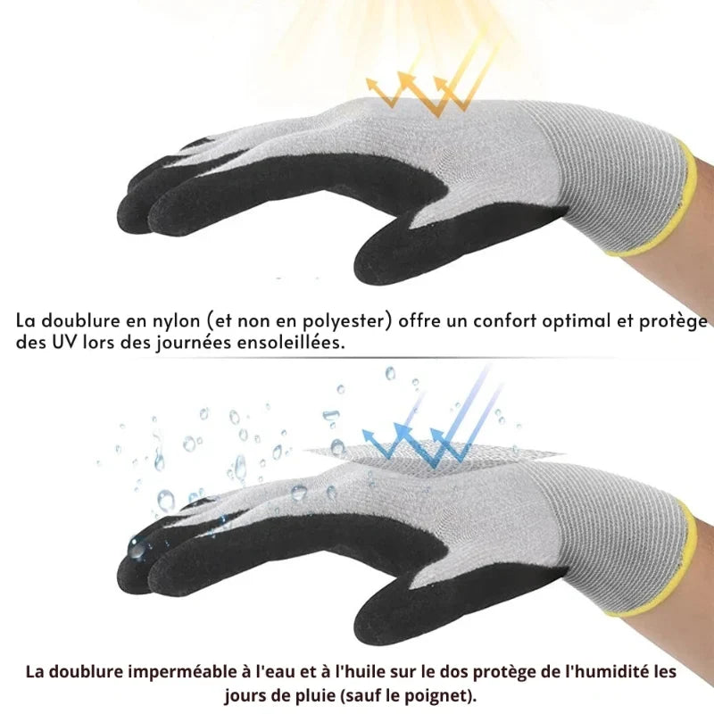 Gants de travail en nylon enduit nitrile, hydrofuges, mixtes