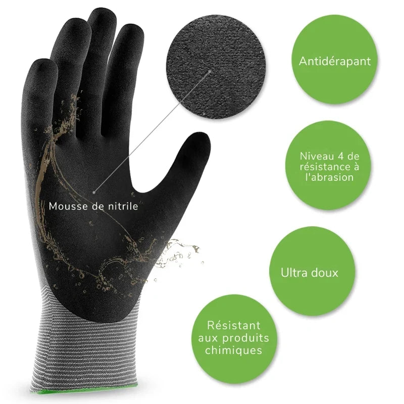 Gants de travail en nylon enduit nitrile, hydrofuges, mixtes