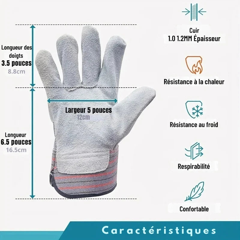 Gants de travail unisexe en cuir de vachette fendu