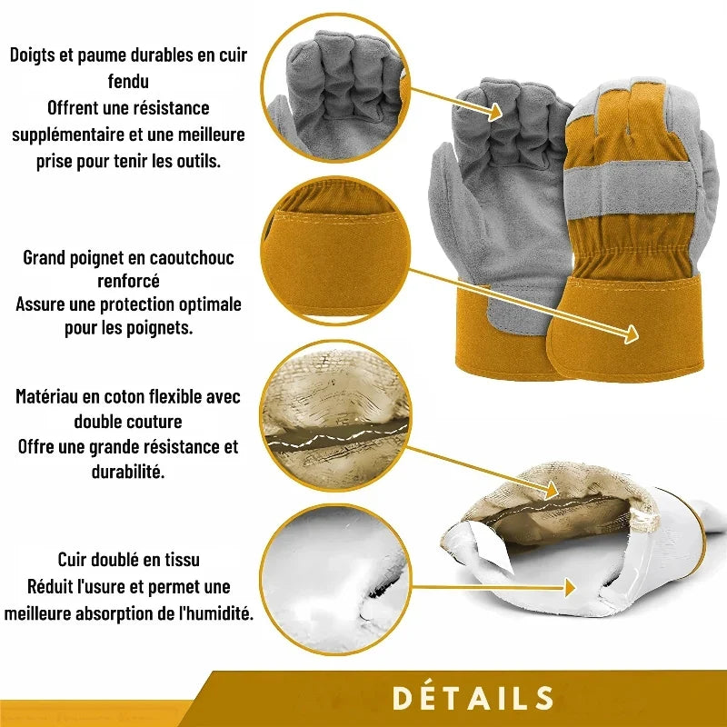 Gants de travail unisexe en cuir de vachette fendu