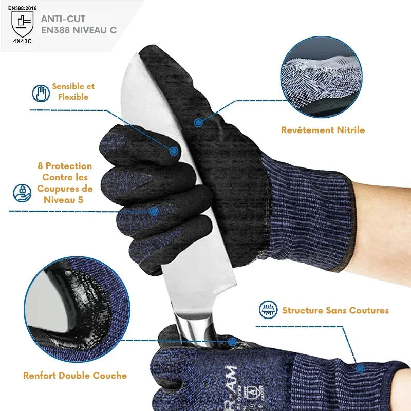 Gants anti-coupure mixtes, enduction mousse nitrile