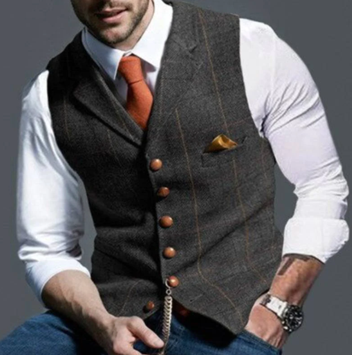 Gilet boutonné coupe ajustée à boutons contrastants, six coloris, gris foncé