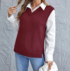 Pull sans manches femme col V en maille côtelée, bordeaux