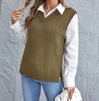 Pull sans manches femme col V en maille côtelée, kaki