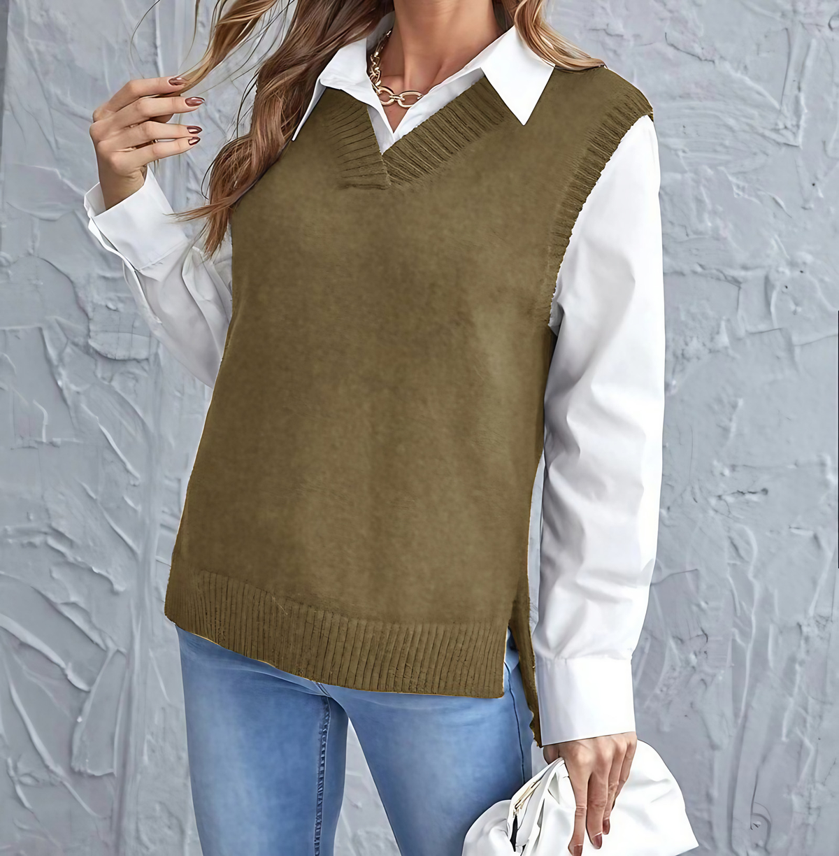 Pull sans manches femme col V en maille côtelée, kaki
