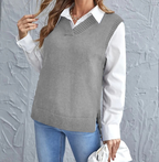 Pull sans manches femme col V en maille côtelée, gris