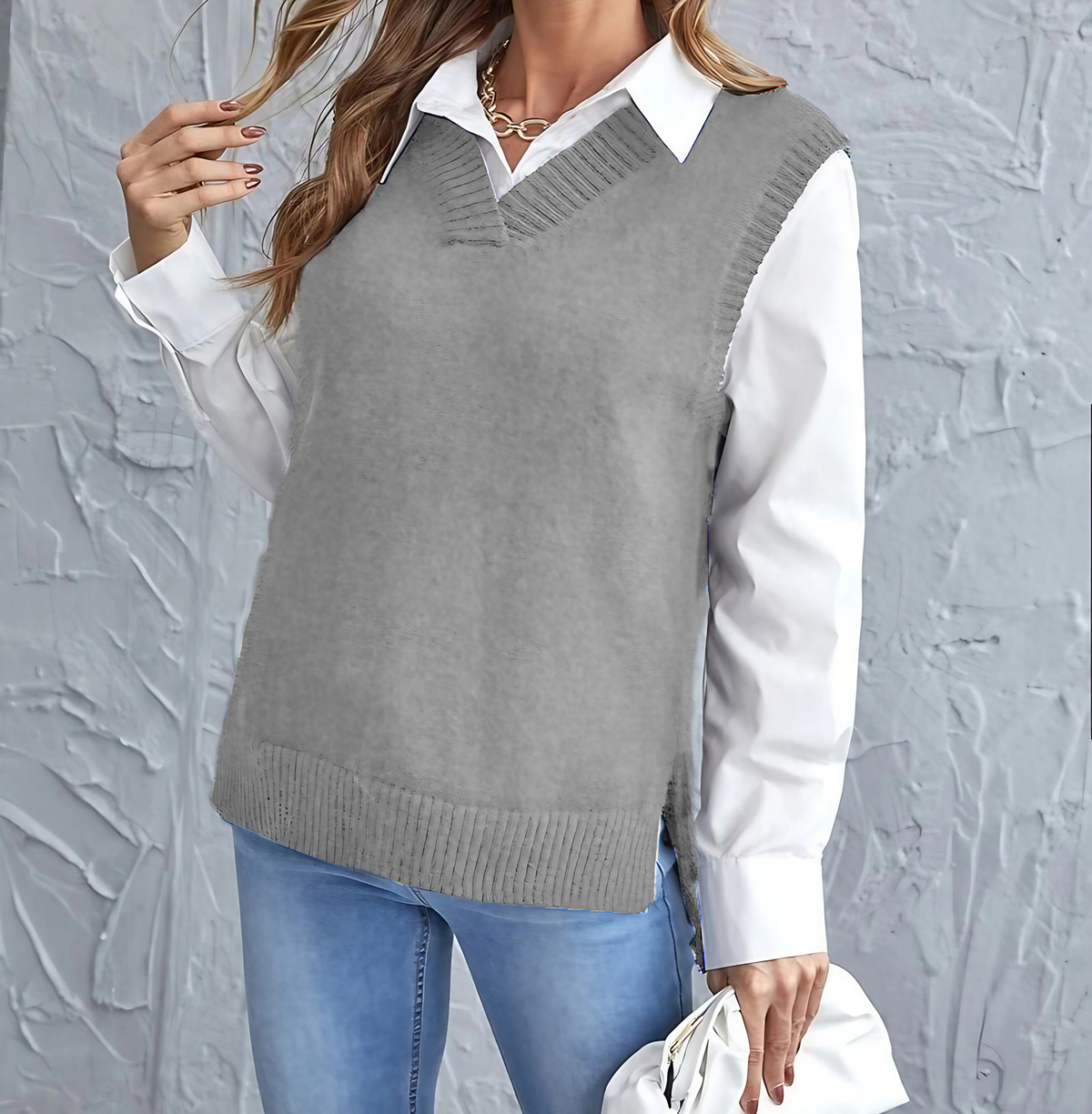 Pull sans manches femme col V en maille côtelée, gris