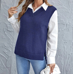 Pull sans manches femme col V en maille côtelée, bleu