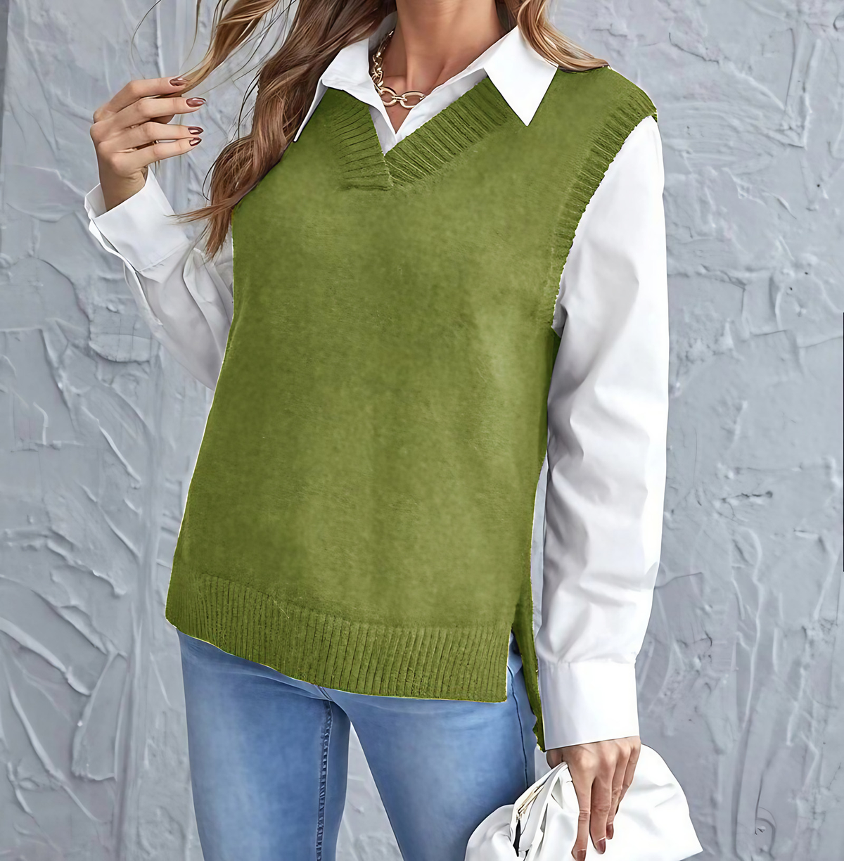 Pull sans manches femme col V en maille côtelée, vert