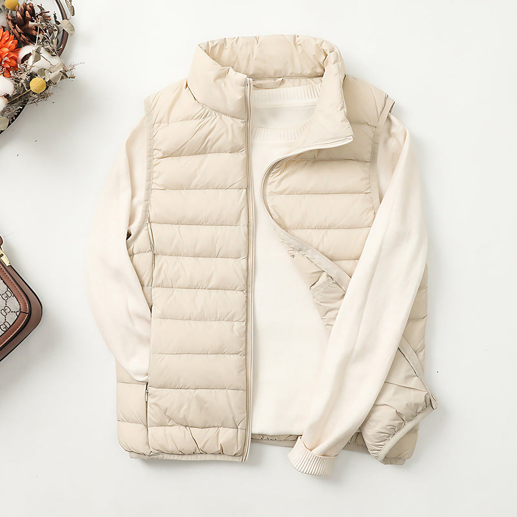 Doudoune sans manches femme légère, col montant, 14 coloris, blanc cassé