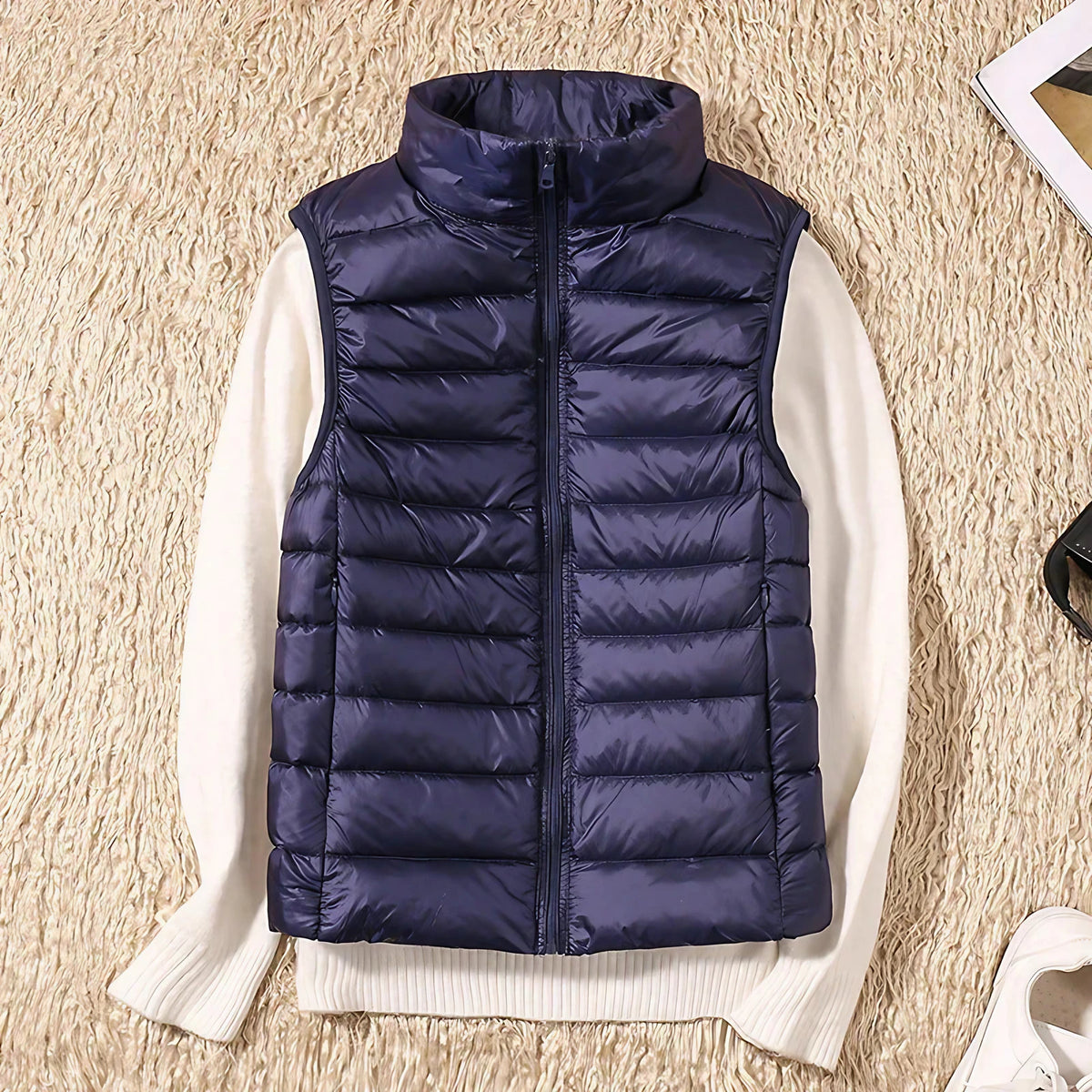 Doudoune sans manches femme légère, col montant, 14 coloris, bleu foncé