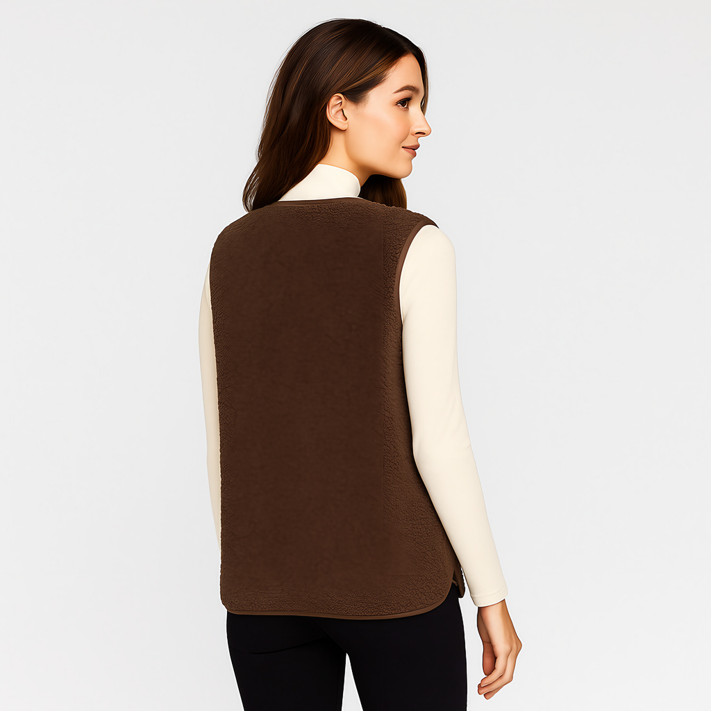 Gilet sans manches femme boutonné, coupe droite, marron